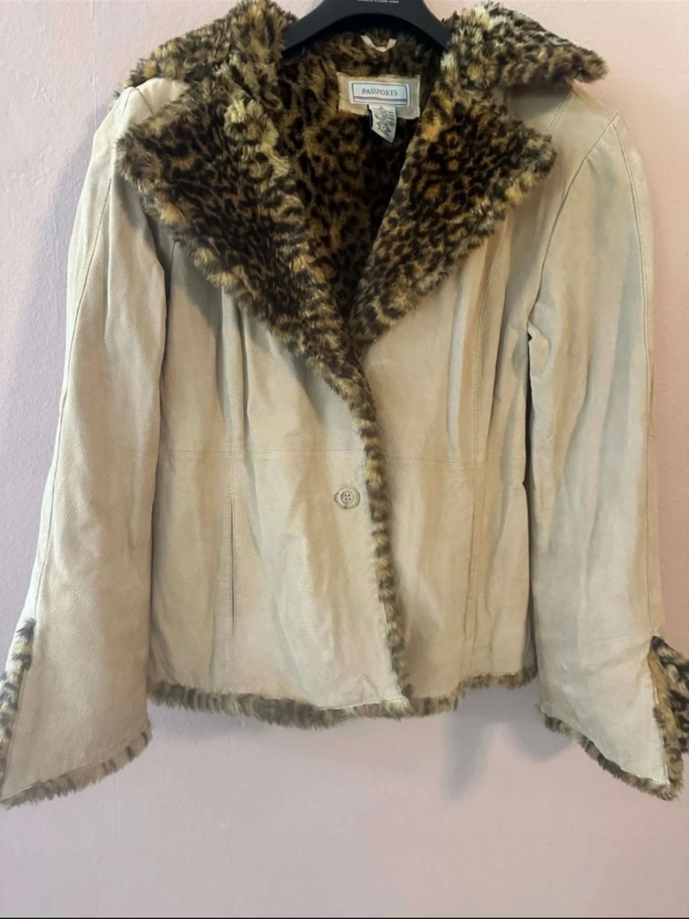 Vintage Passport Cream Suede Jacket with Faux Leopard Trim